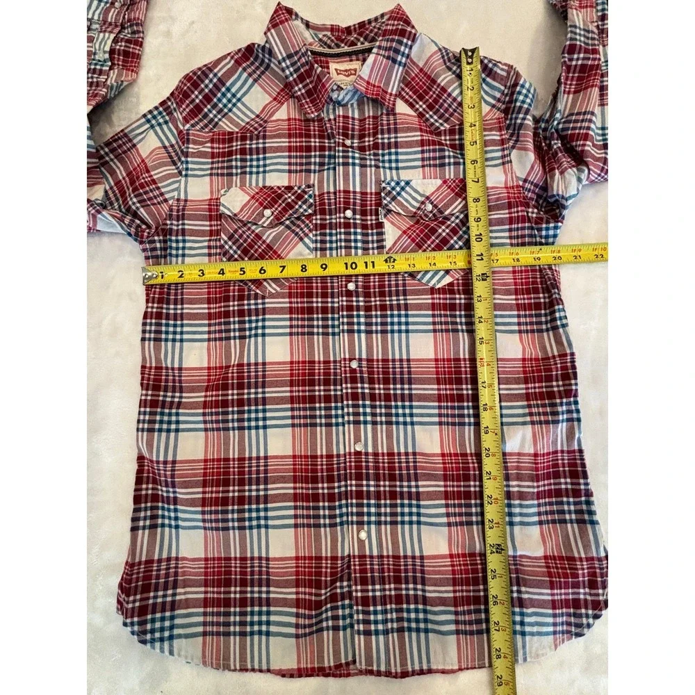 Levis Modern Mens Western Shirt M Red Blue White Plaid Snap Front Long Sleeve